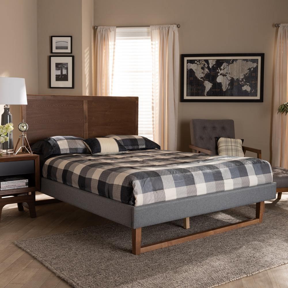 Allegra Mid-Century Modern Dark Grey Fabric Upholstered and Ash Walnut Brown Finished Wood Full Size Platform Bed FredCo