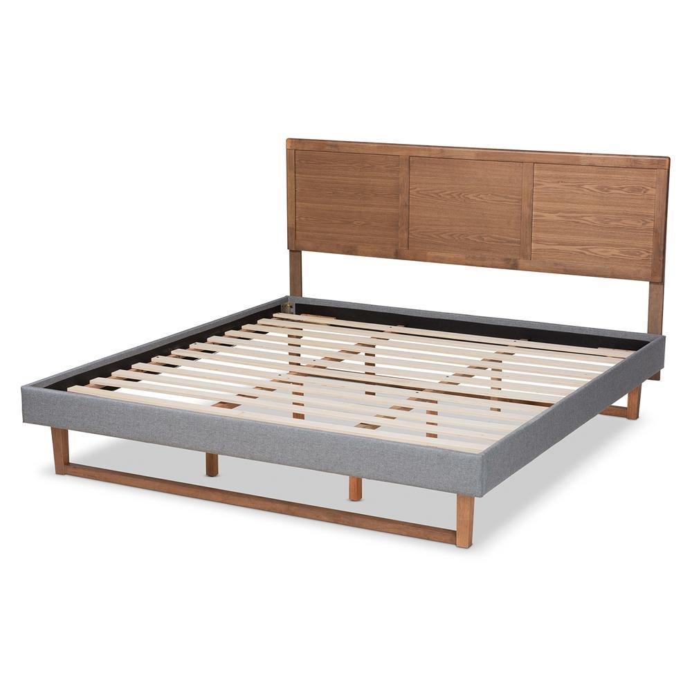Allegra Mid-Century Modern Dark Grey Fabric Upholstered and Ash Walnut Brown Finished Wood King Size Platform Bed FredCo