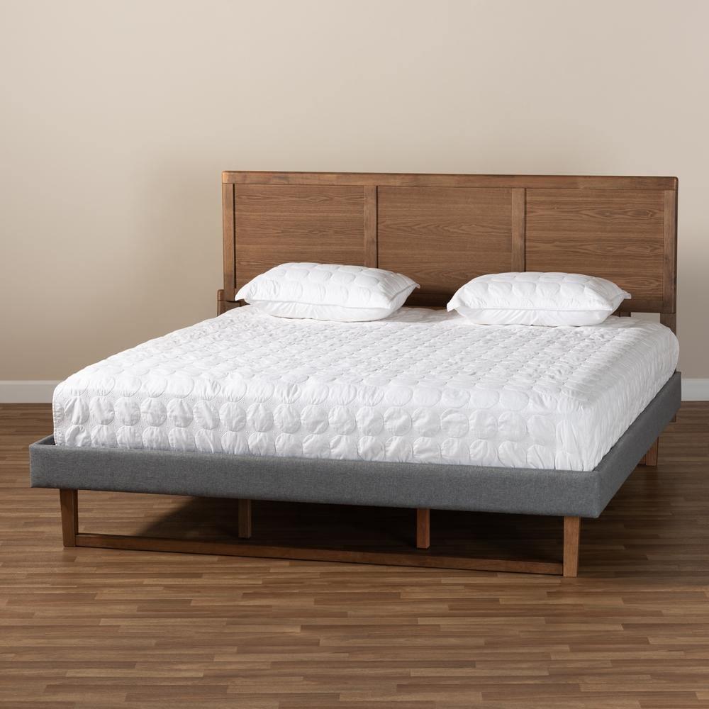 Allegra Mid-Century Modern Dark Grey Fabric Upholstered and Ash Walnut Brown Finished Wood King Size Platform Bed FredCo