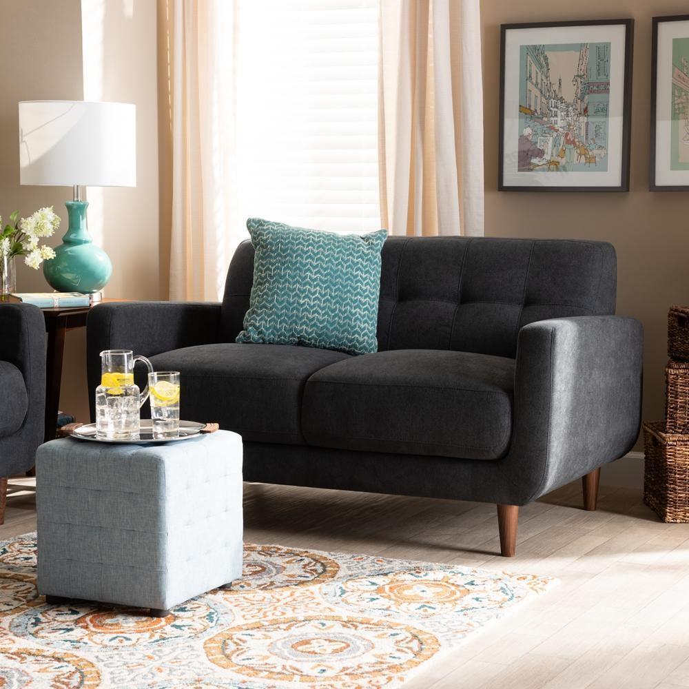 Allister Mid-Century Modern Dark Grey Fabric Upholstered Loveseat FredCo
