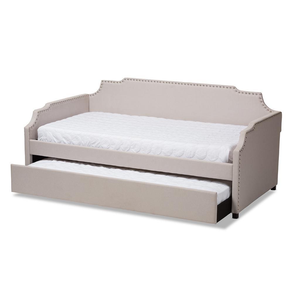 Ally Modern and Contemporary Beige Fabric Upholstered Twin Size Sofa Daybed with Roll Out Trundle Guest Bed FredCo