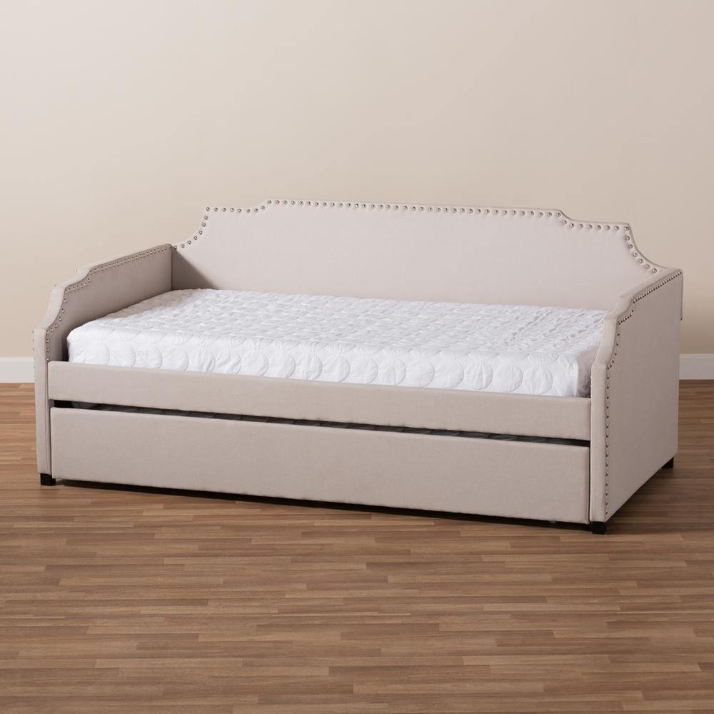 Ally Modern and Contemporary Beige Fabric Upholstered Twin Size Sofa Daybed with Roll Out Trundle Guest Bed FredCo