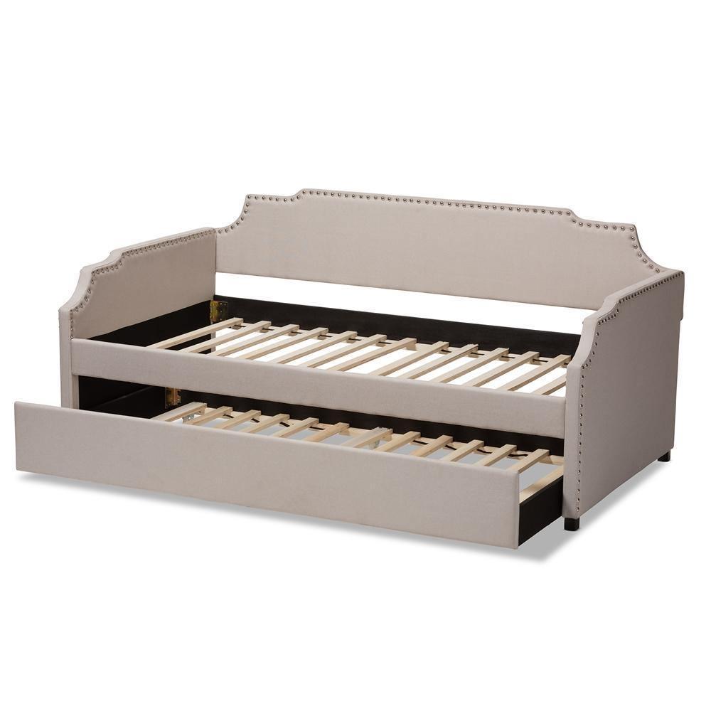 Ally Modern and Contemporary Beige Fabric Upholstered Twin Size Sofa Daybed with Roll Out Trundle Guest Bed FredCo