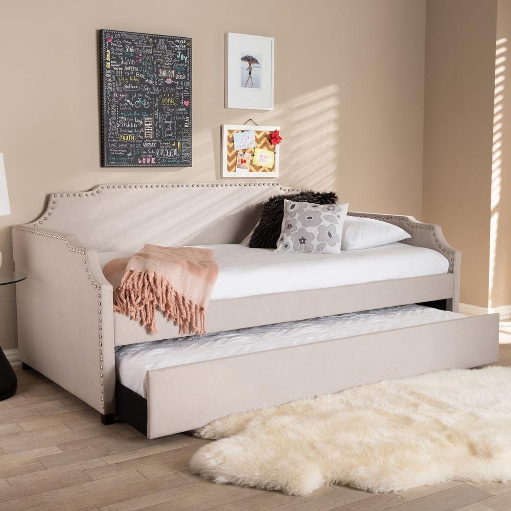 Ally Modern and Contemporary Beige Fabric Upholstered Twin Size Sofa Daybed with Roll Out Trundle Guest Bed FredCo