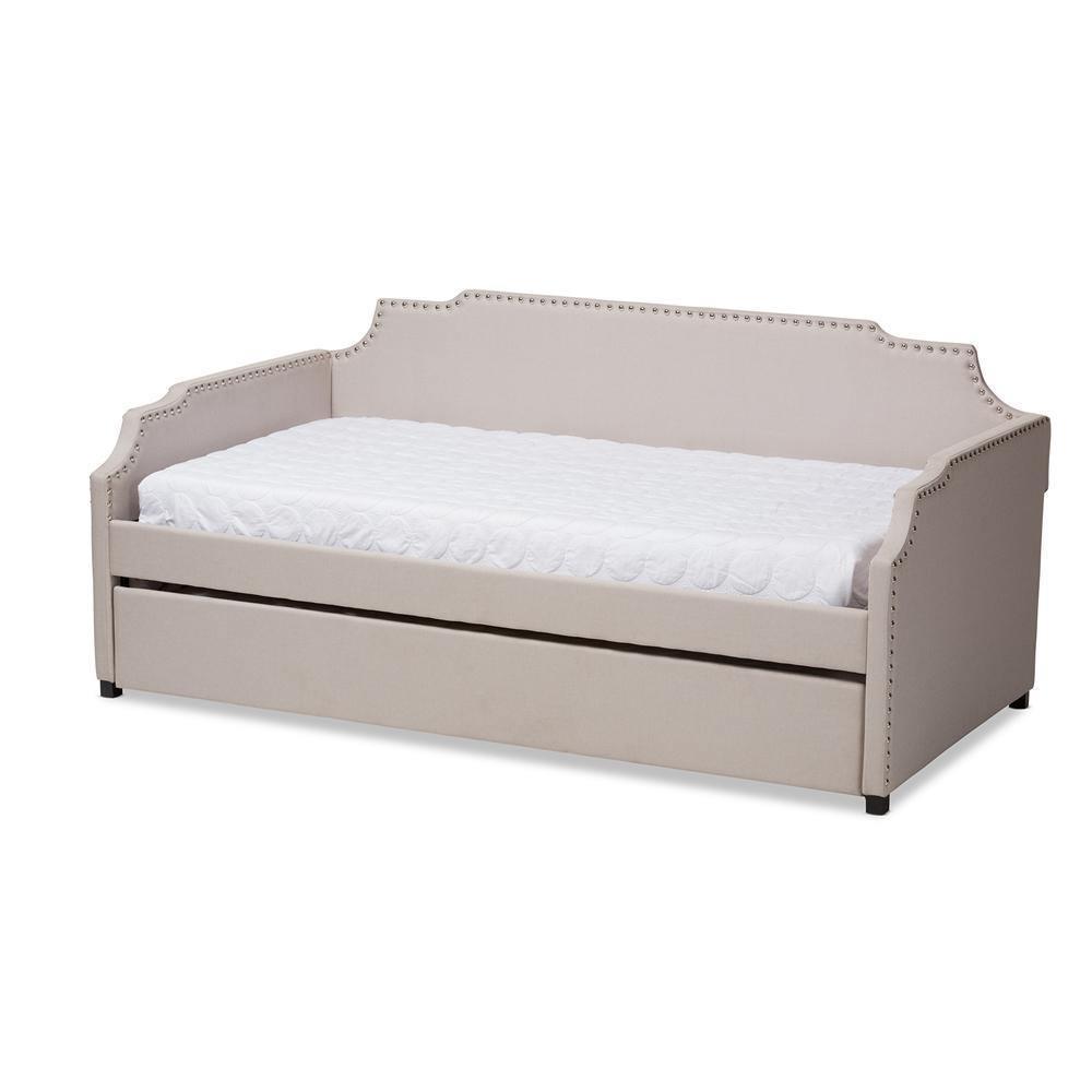 Ally Modern and Contemporary Beige Fabric Upholstered Twin Size Sofa Daybed with Roll Out Trundle Guest Bed FredCo