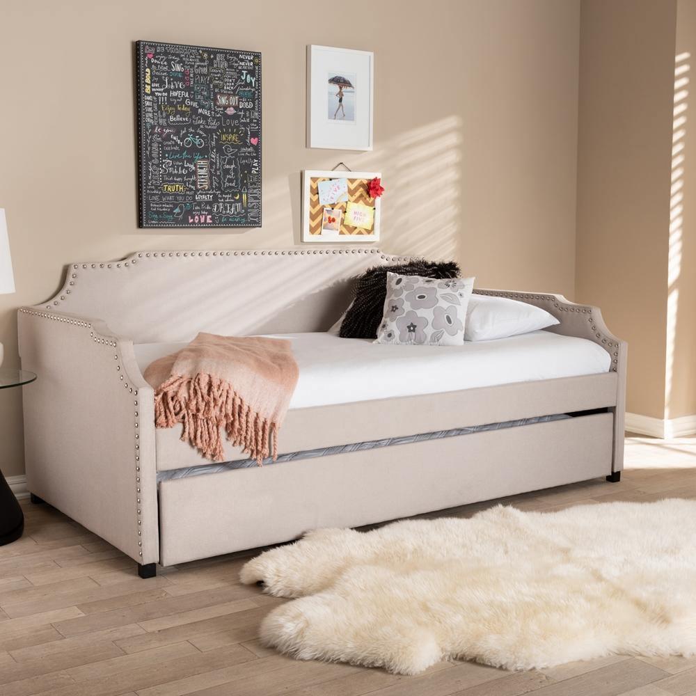 Ally Modern and Contemporary Beige Fabric Upholstered Twin Size Sofa Daybed with Roll Out Trundle Guest Bed FredCo