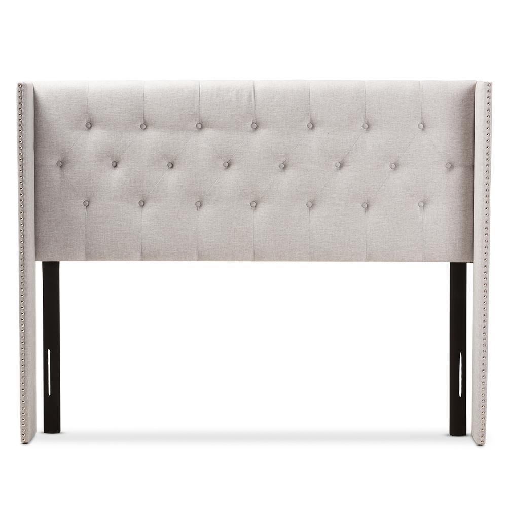 Ally Modern And Contemporary Greyish Beige Fabric Button-Tufted Nail head King Size Winged Headboard FredCo