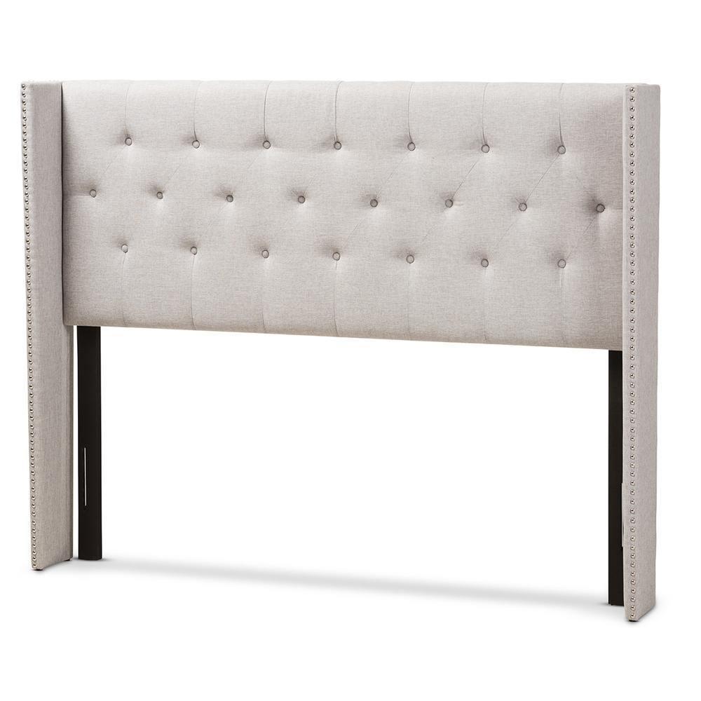 Ally Modern And Contemporary Greyish Beige Fabric Button-Tufted Nail head King Size Winged Headboard FredCo