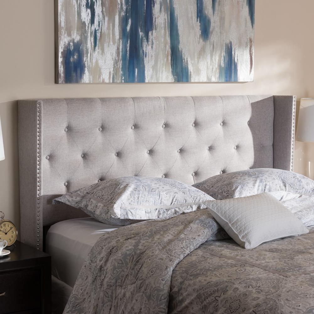 Ally Modern And Contemporary Greyish Beige Fabric Button-Tufted Nail head King Size Winged Headboard FredCo
