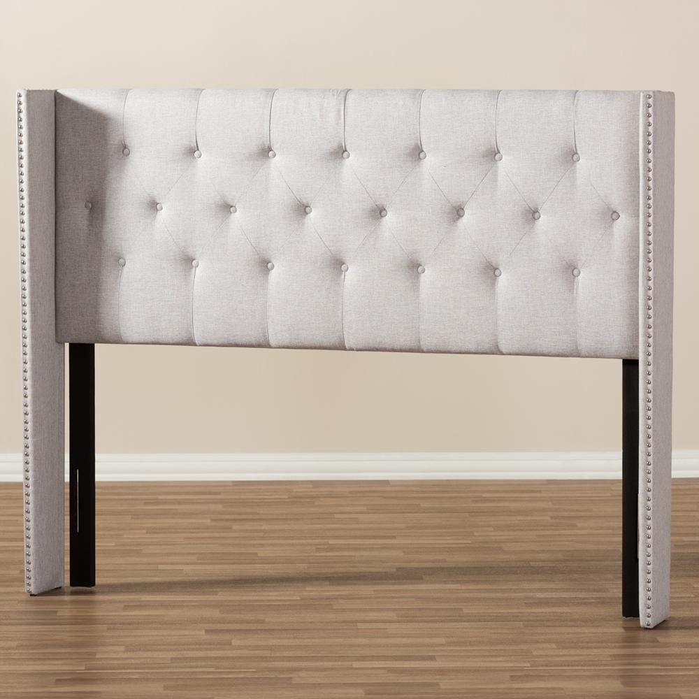 Ally Modern And Contemporary Greyish Beige Fabric Button-Tufted Nail head King Size Winged Headboard FredCo