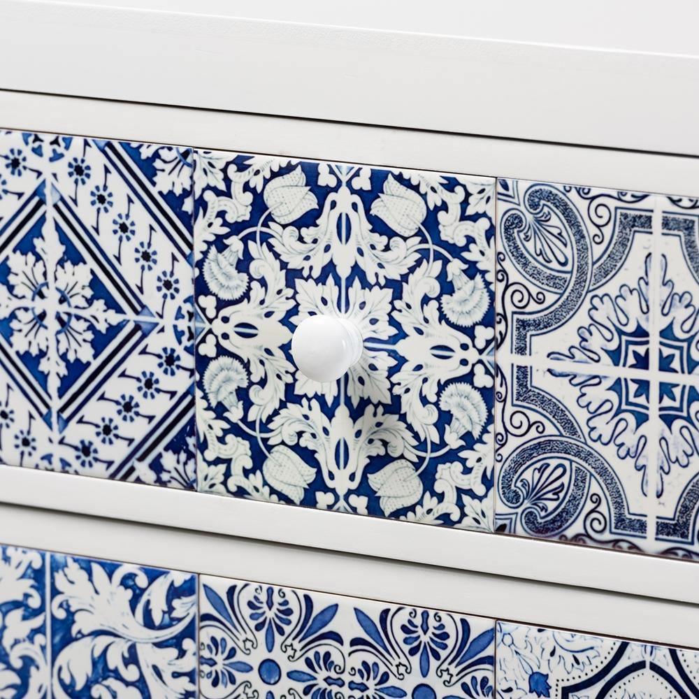 Alma Spanish Mediterranean Inspired White Wood and Blue Floral Tile Style 5-Drawer Accent Storage Cabinet FredCo