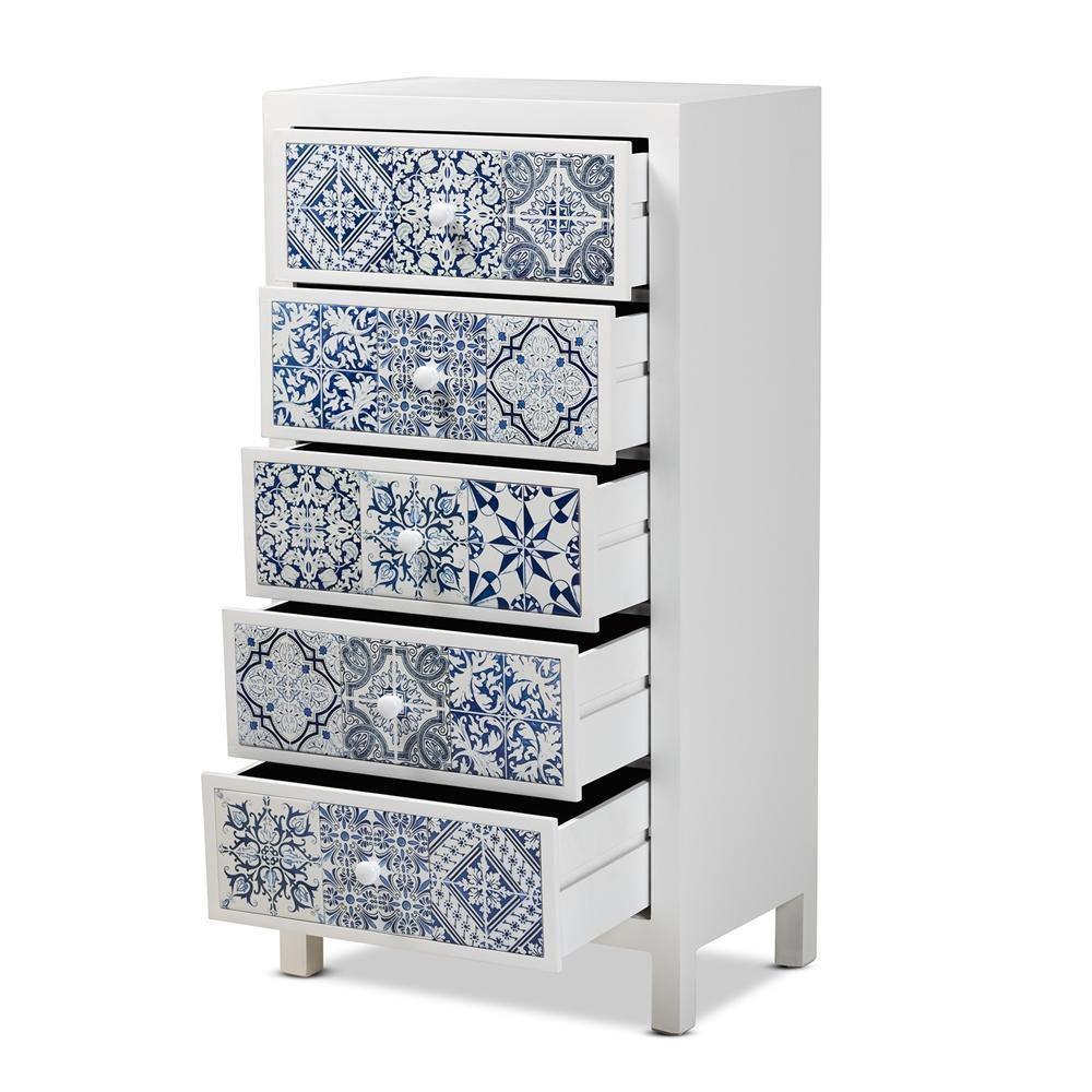 Alma Spanish Mediterranean Inspired White Wood and Blue Floral Tile Style 5-Drawer Accent Storage Cabinet FredCo