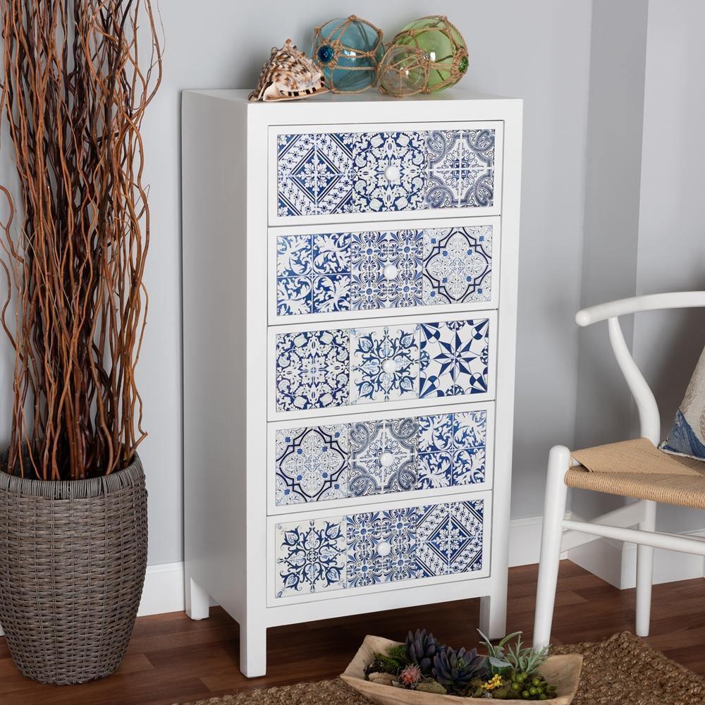 Alma Spanish Mediterranean Inspired White Wood and Blue Floral Tile Style 5-Drawer Accent Storage Cabinet FredCo