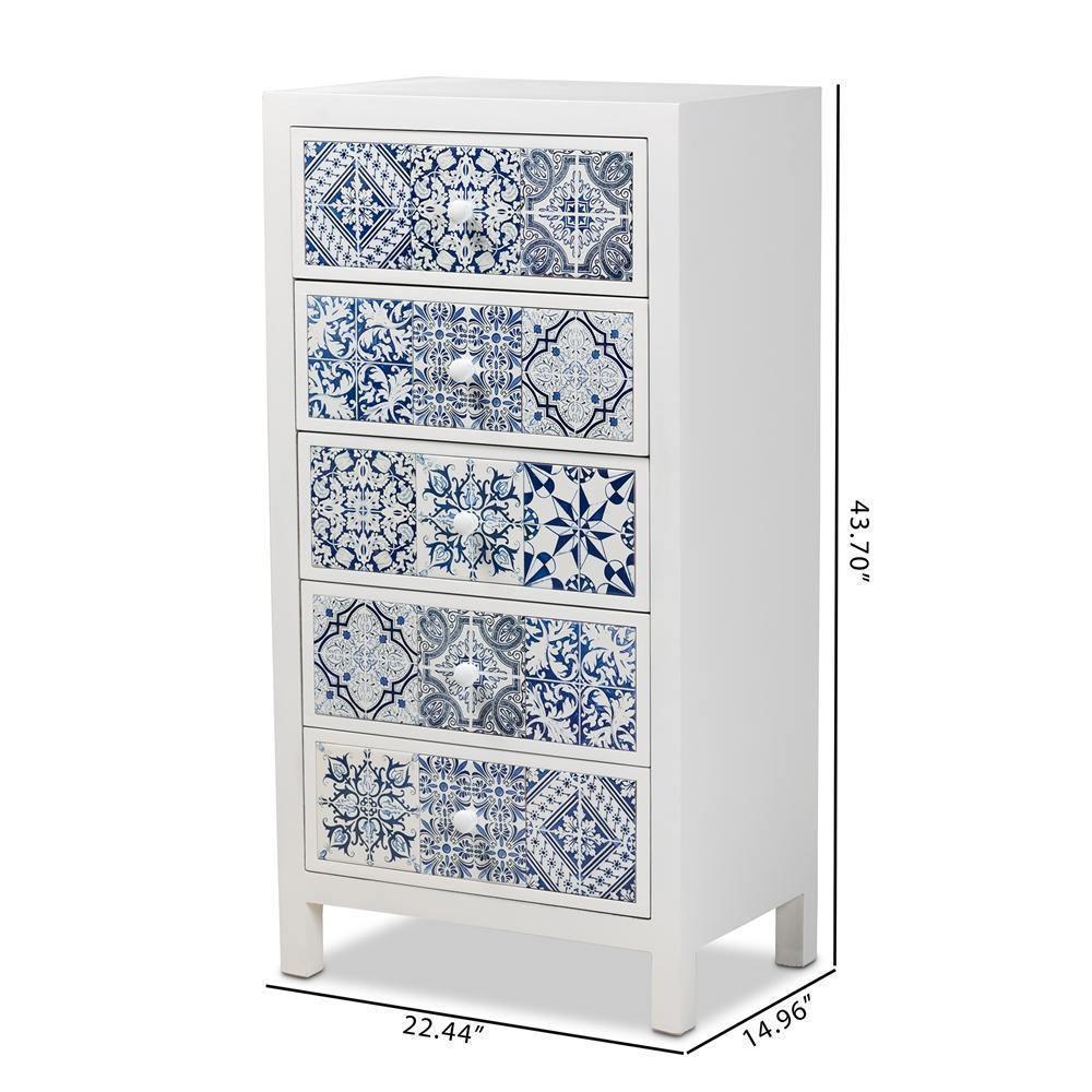 Alma Spanish Mediterranean Inspired White Wood and Blue Floral Tile Style 5-Drawer Accent Storage Cabinet FredCo