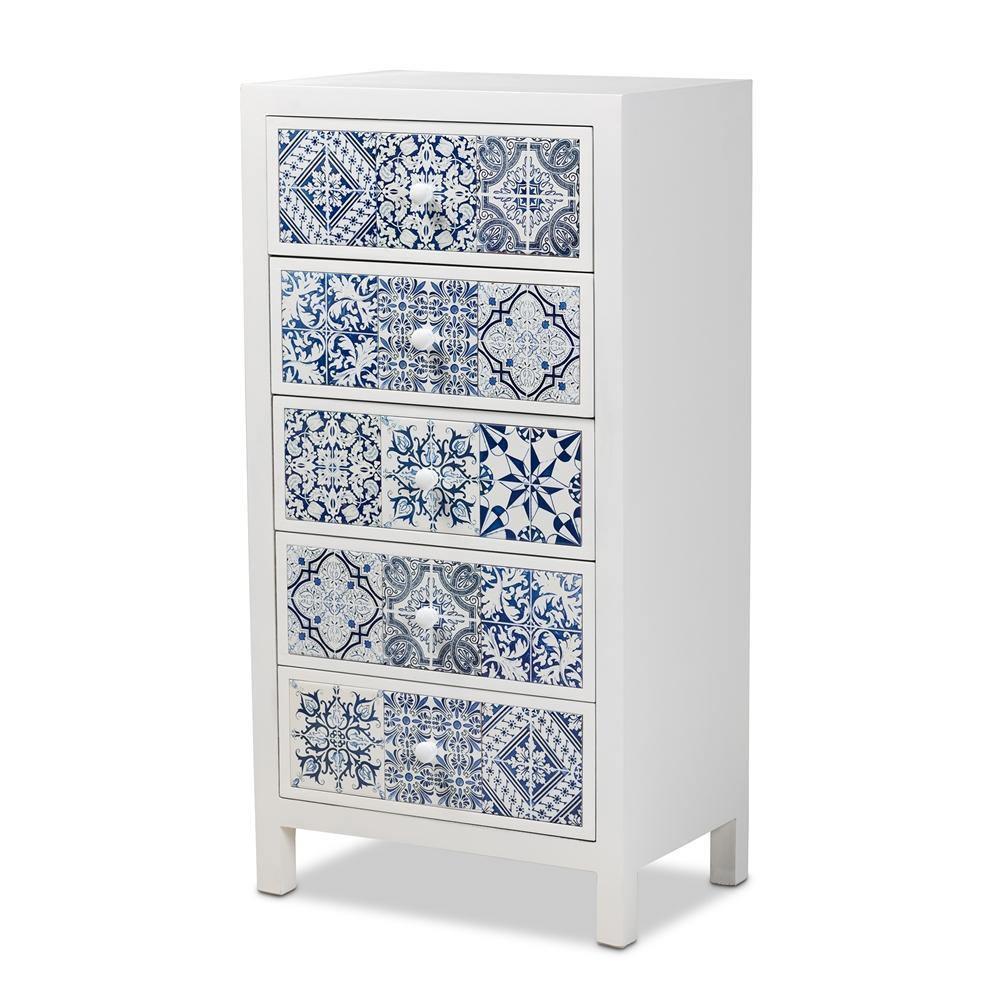 Alma Spanish Mediterranean Inspired White Wood and Blue Floral Tile Style 5-Drawer Accent Storage Cabinet FredCo