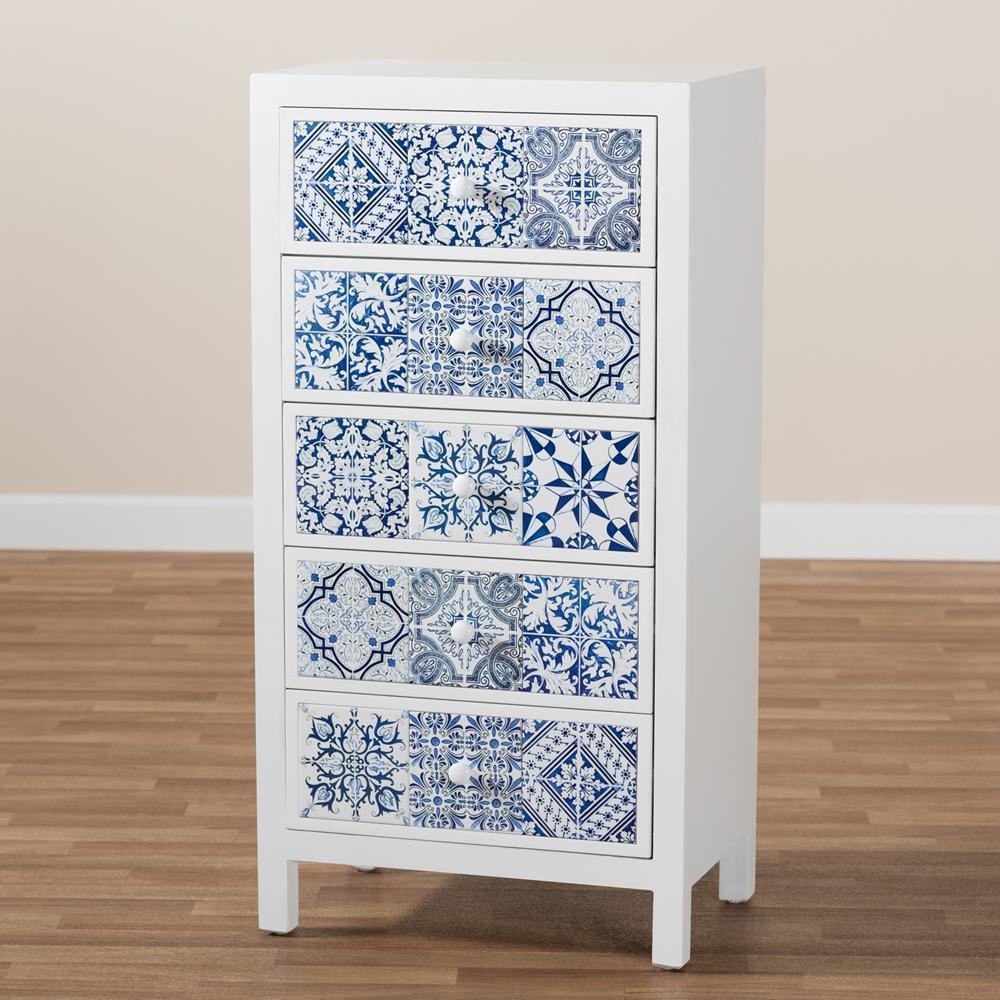 Alma Spanish Mediterranean Inspired White Wood and Blue Floral Tile Style 5-Drawer Accent Storage Cabinet FredCo