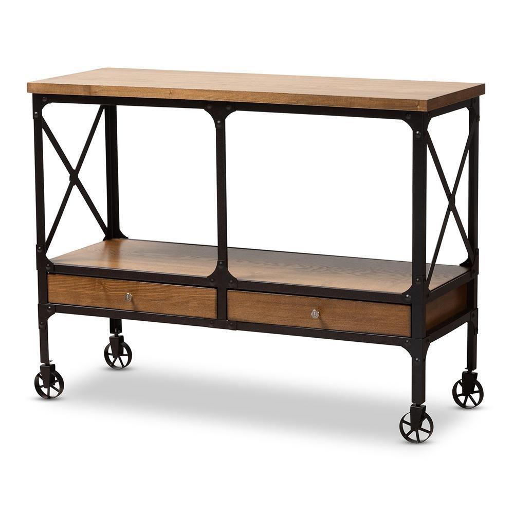 Alves Vintage Rustic Industrial Style Wood and Dark Bronze Finished Metal Wheeled Console Table with Drawers FredCo