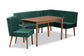 Alvis Mid-Century Modern Emerald Green Velvet Upholstered and Walnut Brown Finished Wood 4-Piece Dining Nook Set FredCo