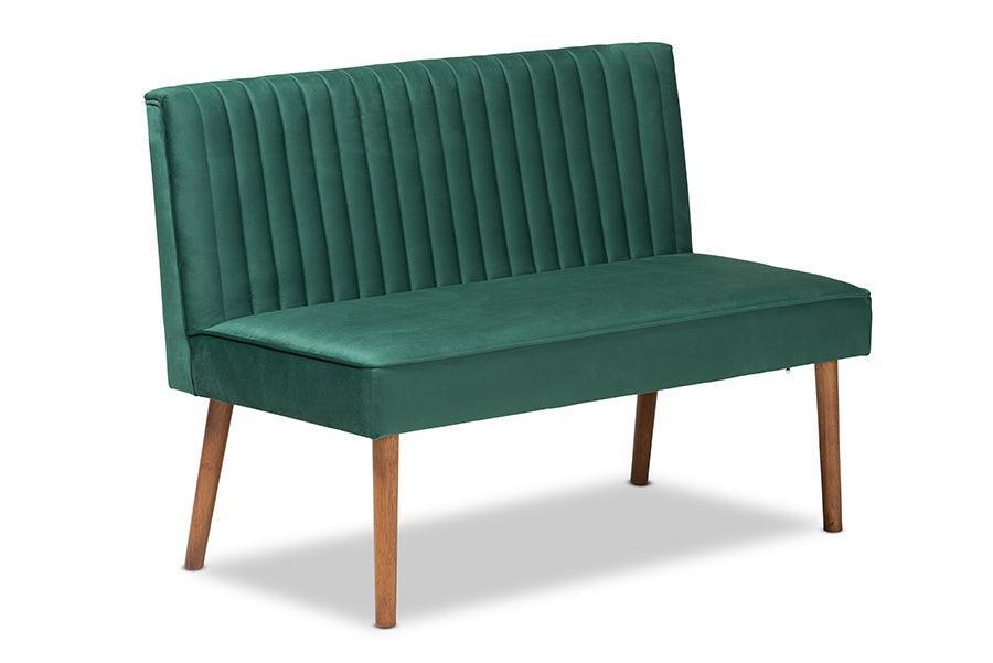 Alvis Mid-Century Modern Emerald Green Velvet Upholstered and Walnut Brown Finished Wood 4-Piece Dining Nook Set FredCo