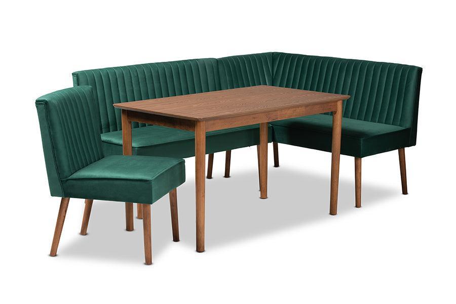 Alvis Mid-Century Modern Emerald Green Velvet Upholstered and Walnut Brown Finished Wood 4-Piece Dining Nook Set FredCo