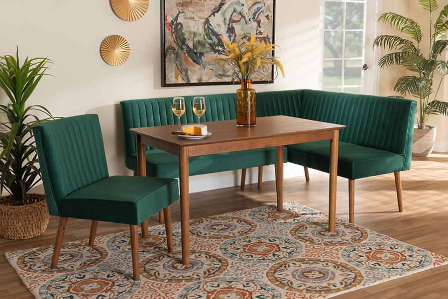 Alvis Mid-Century Modern Emerald Green Velvet Upholstered and Walnut Brown Finished Wood 4-Piece Dining Nook Set FredCo