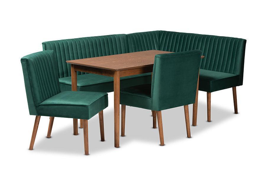 Alvis Mid-Century Modern Emerald Green Velvet Upholstered and Walnut Brown Finished Wood 5-Piece Dining Nook Set FredCo