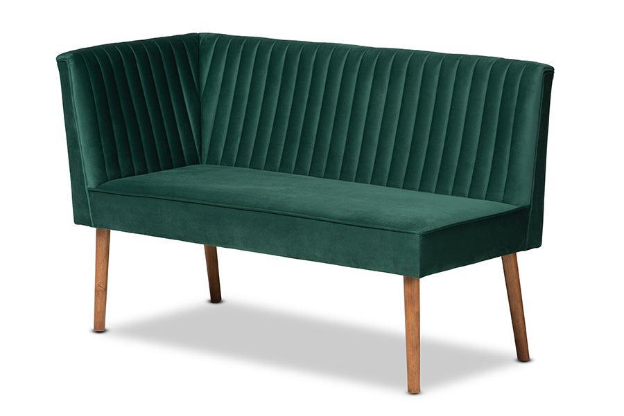 Alvis Mid-Century Modern Emerald Green Velvet Upholstered and Walnut Brown Finished Wood 5-Piece Dining Nook Set FredCo