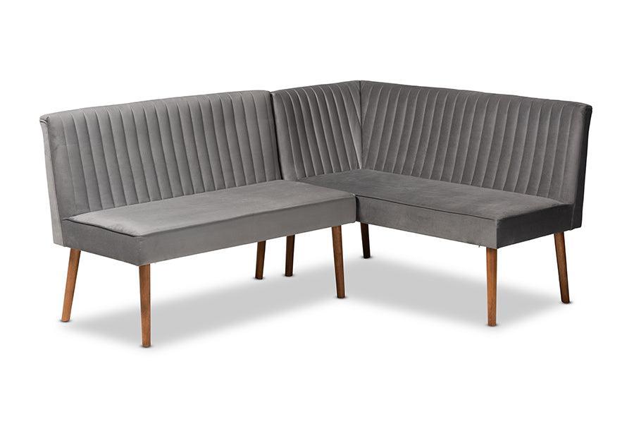 Alvis Mid-Century Modern Grey Velvet Upholstered and Walnut Brown Finished Wood 2-Piece Dining Nook Banquette Set FredCo