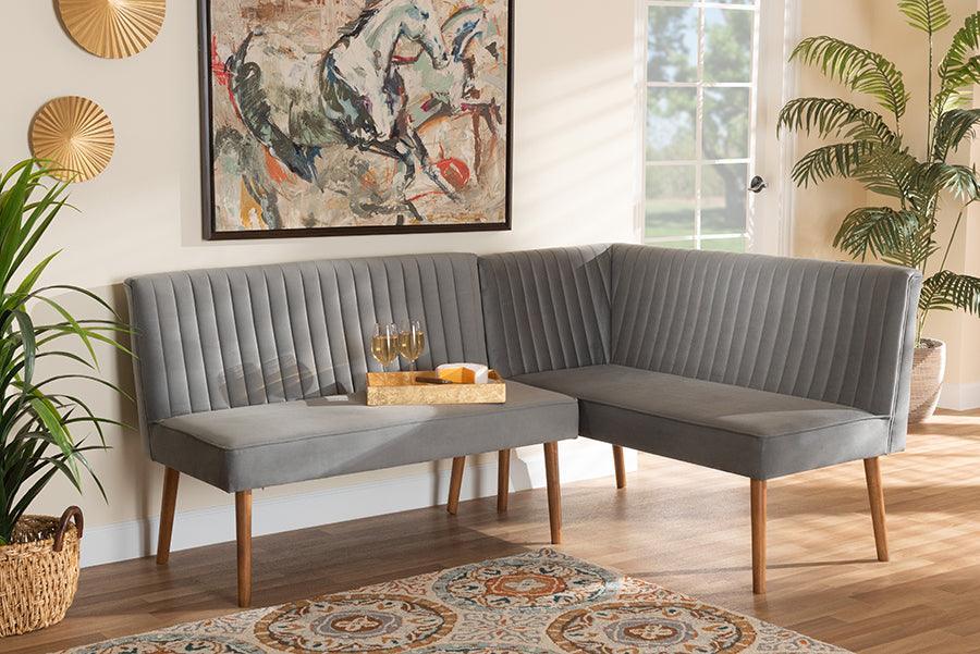 Alvis Mid-Century Modern Grey Velvet Upholstered and Walnut Brown Finished Wood 2-Piece Dining Nook Banquette Set FredCo