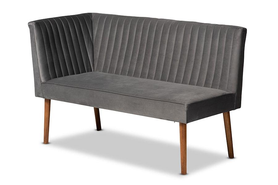 Alvis Mid-Century Modern Grey Velvet Upholstered and Walnut Brown Finished Wood 2-Piece Dining Nook Banquette Set FredCo