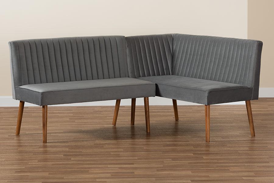 Alvis Mid-Century Modern Grey Velvet Upholstered and Walnut Brown Finished Wood 2-Piece Dining Nook Banquette Set FredCo
