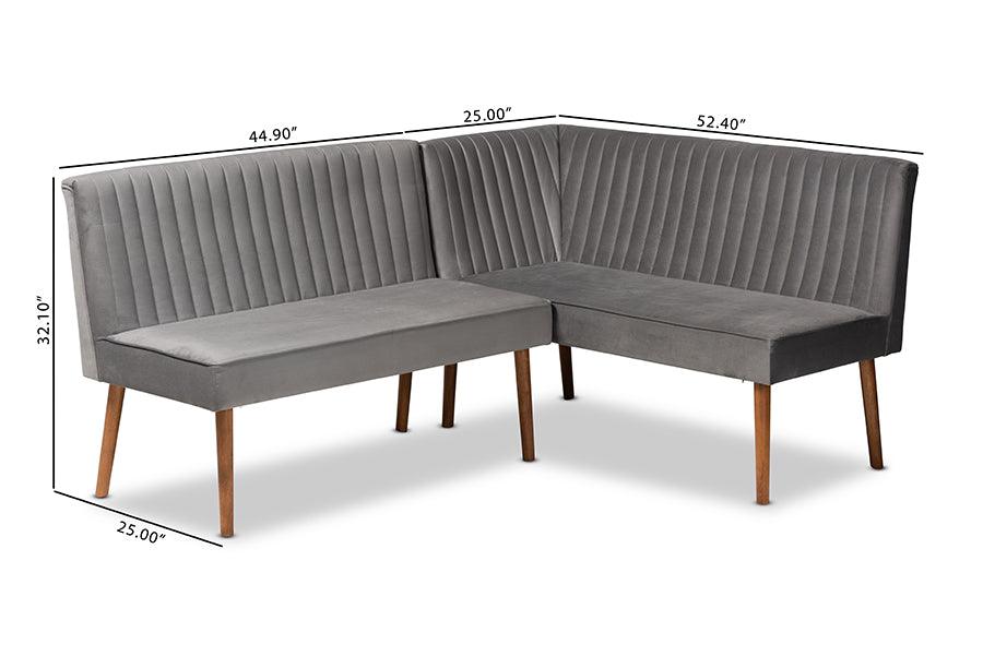 Alvis Mid-Century Modern Grey Velvet Upholstered and Walnut Brown Finished Wood 2-Piece Dining Nook Banquette Set FredCo