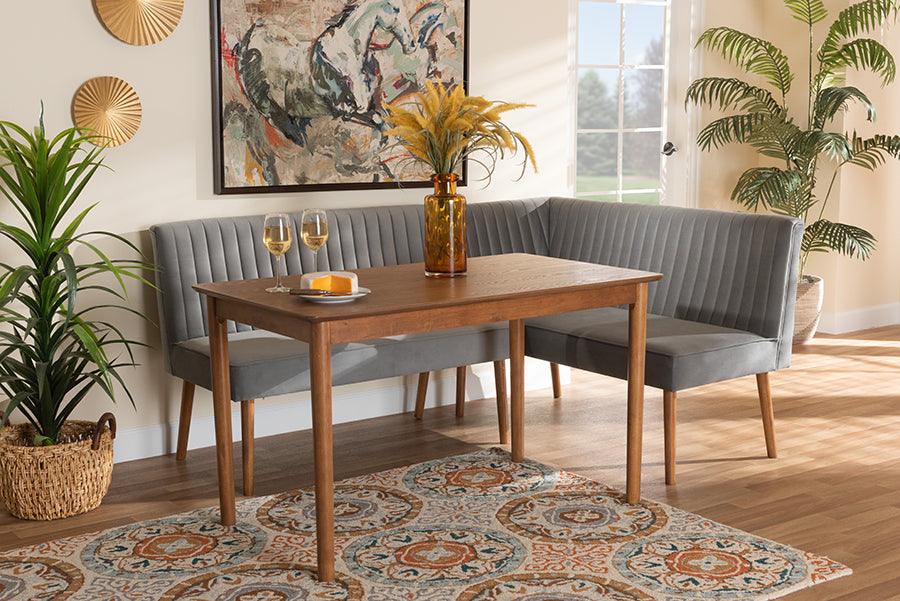 Alvis Mid-Century Modern Grey Velvet Upholstered and Walnut Brown Finished Wood 3-Piece Dining Nook Set FredCo