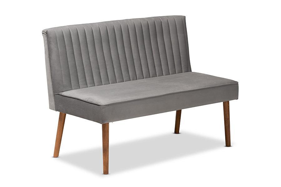 Alvis Mid-Century Modern Grey Velvet Upholstered and Walnut Brown Finished Wood 3-Piece Dining Nook Set FredCo
