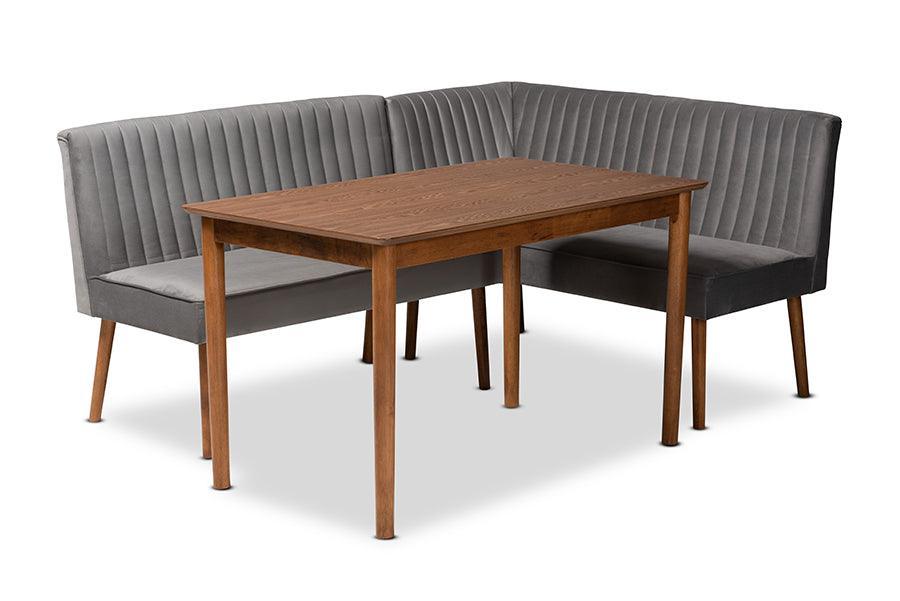 Alvis Mid-Century Modern Grey Velvet Upholstered and Walnut Brown Finished Wood 3-Piece Dining Nook Set FredCo