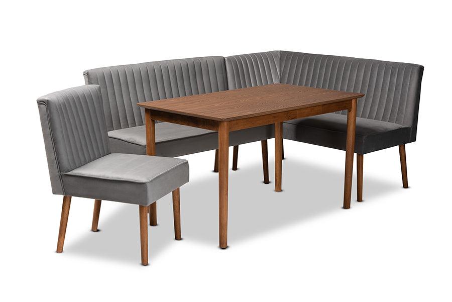 Alvis Mid-Century Modern Grey Velvet Upholstered and Walnut Brown Finished Wood 4-Piece Dining Nook Set FredCo