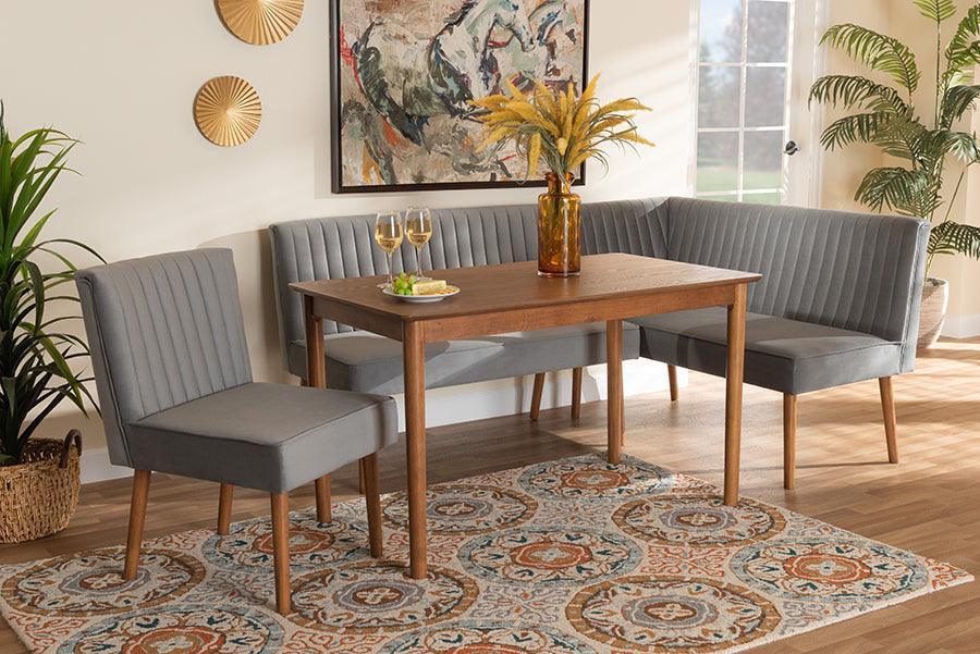 Alvis Mid-Century Modern Grey Velvet Upholstered and Walnut Brown Finished Wood 4-Piece Dining Nook Set FredCo