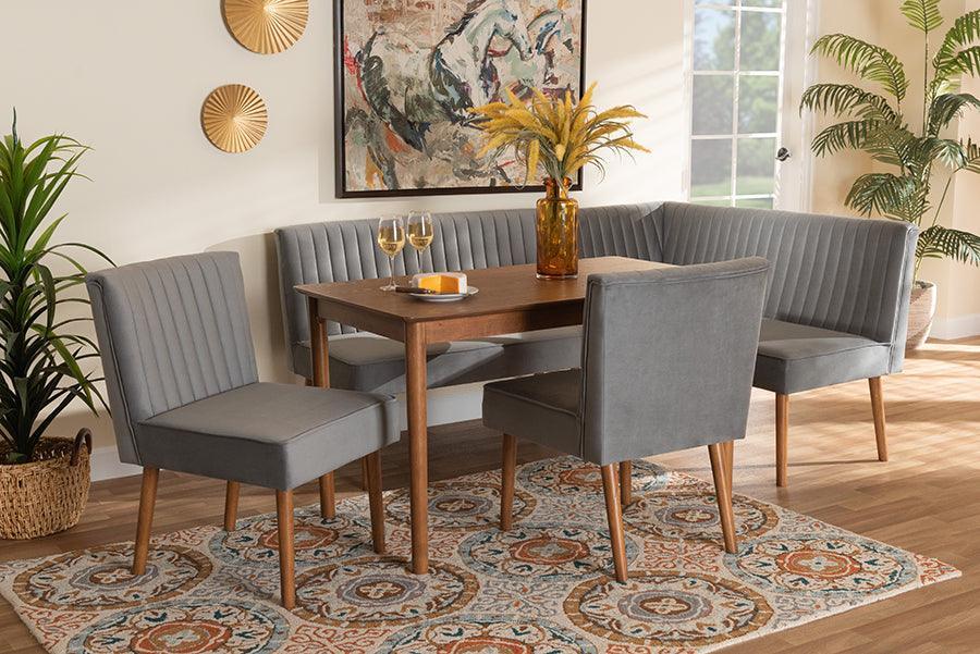 Alvis Mid-Century Modern Grey Velvet Upholstered and Walnut Brown Finished Wood 5-Piece Dining Nook Set FredCo