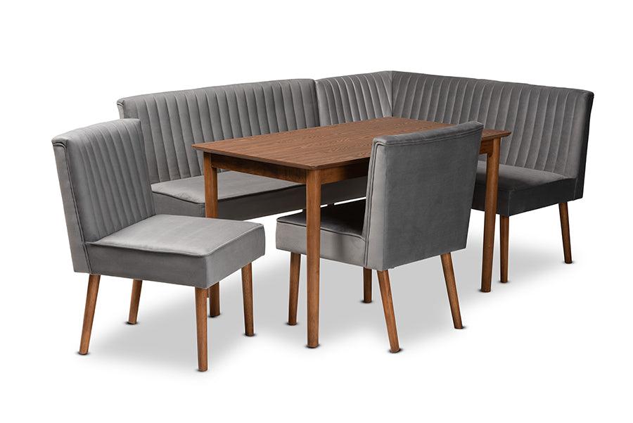 Alvis Mid-Century Modern Grey Velvet Upholstered and Walnut Brown Finished Wood 5-Piece Dining Nook Set FredCo