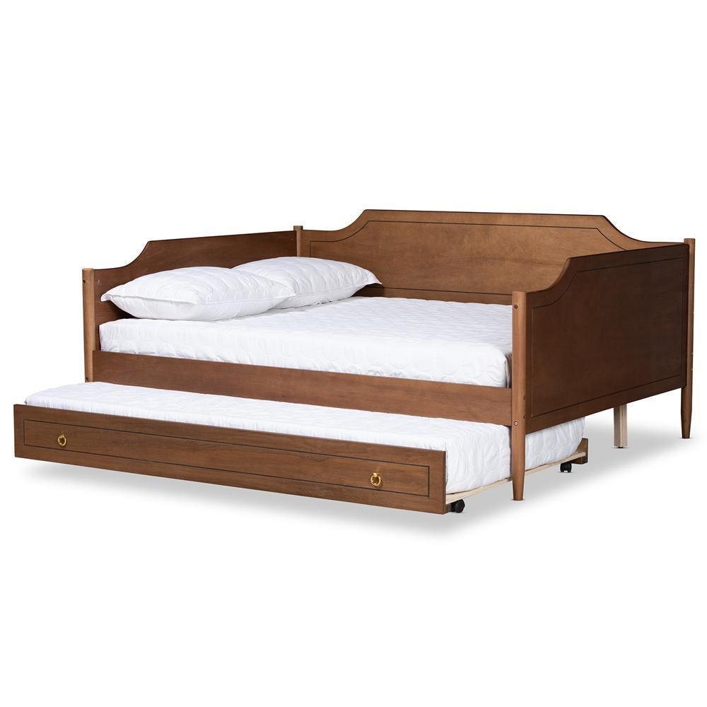 Alya Classic Traditional Farmhouse Walnut Brown Finished Wood Full Size Daybed with Roll-Out Trundle Bed FredCo