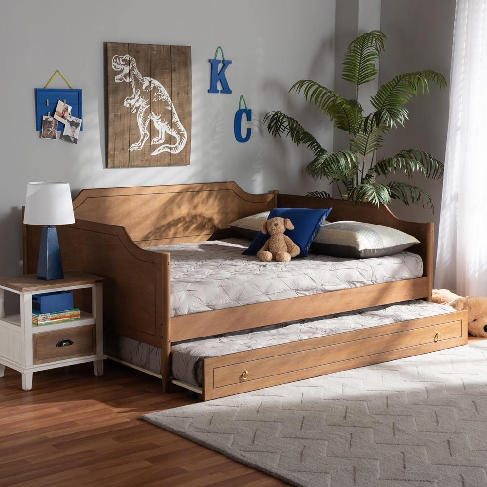 Alya Classic Traditional Farmhouse Walnut Brown Finished Wood Full Size Daybed with Roll-Out Trundle Bed FredCo