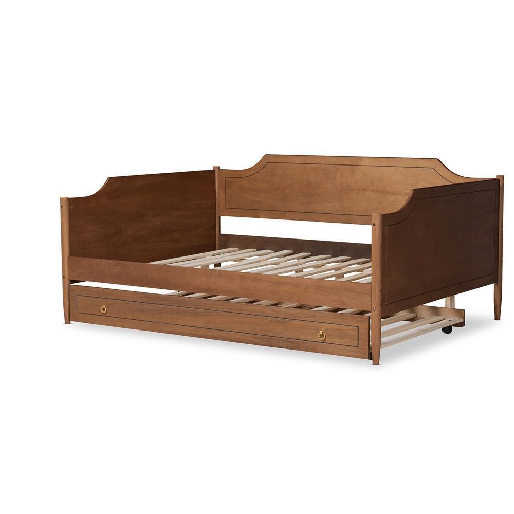 Alya Classic Traditional Farmhouse Walnut Brown Finished Wood Full Size Daybed with Roll-Out Trundle Bed FredCo