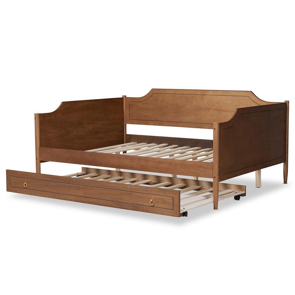 Alya Classic Traditional Farmhouse Walnut Brown Finished Wood Full Size Daybed with Roll-Out Trundle Bed FredCo