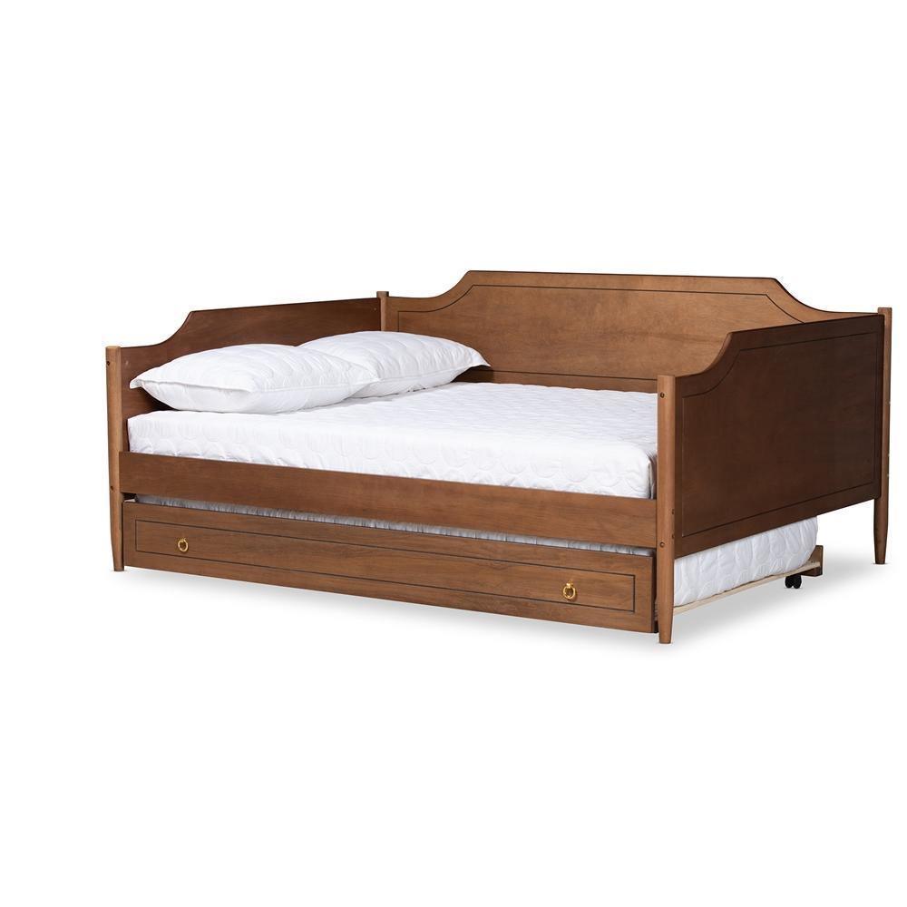 Alya Classic Traditional Farmhouse Walnut Brown Finished Wood Full Size Daybed with Roll-Out Trundle Bed FredCo