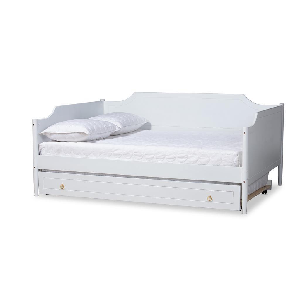 Alya Classic Traditional Farmhouse White Finished Wood Full Size Daybed with Roll-Out Trundle Bed FredCo