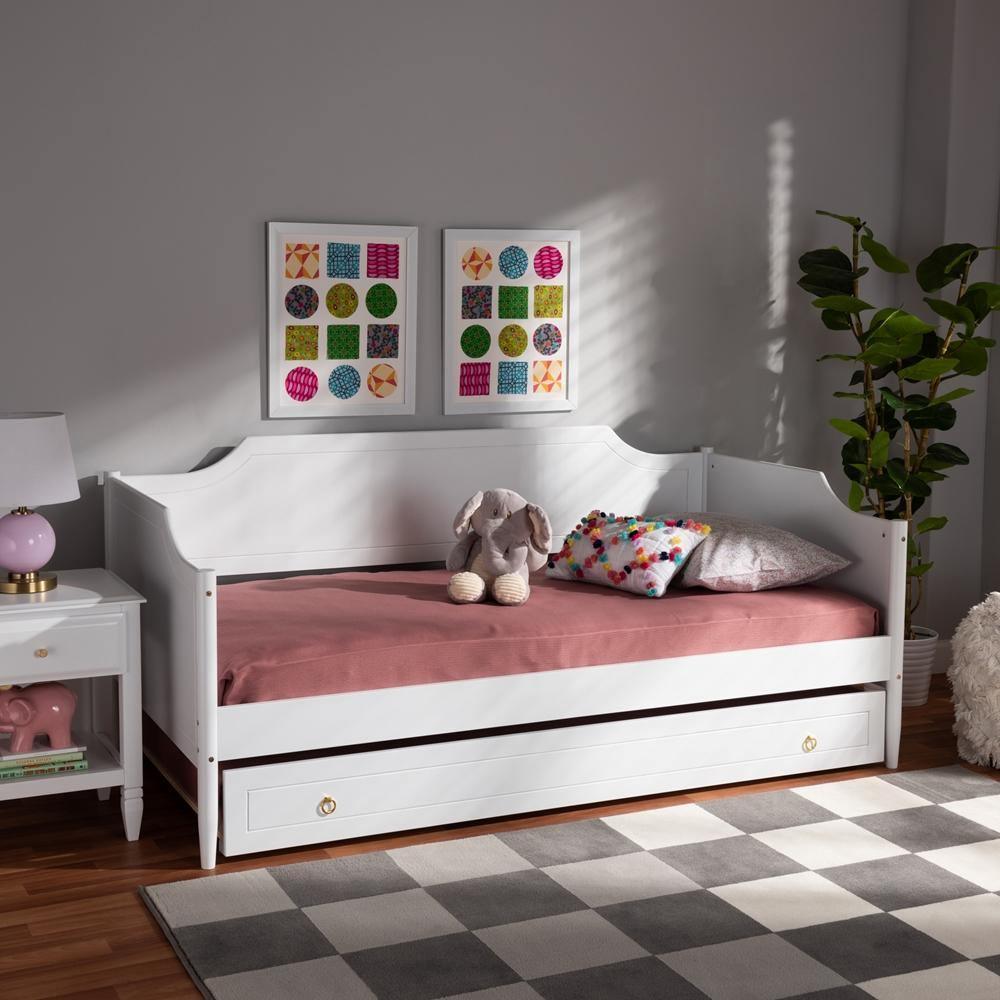 Alya Classic Traditional Farmhouse White Finished Wood Twin Size Daybed with Roll-Out Trundle Bed FredCo