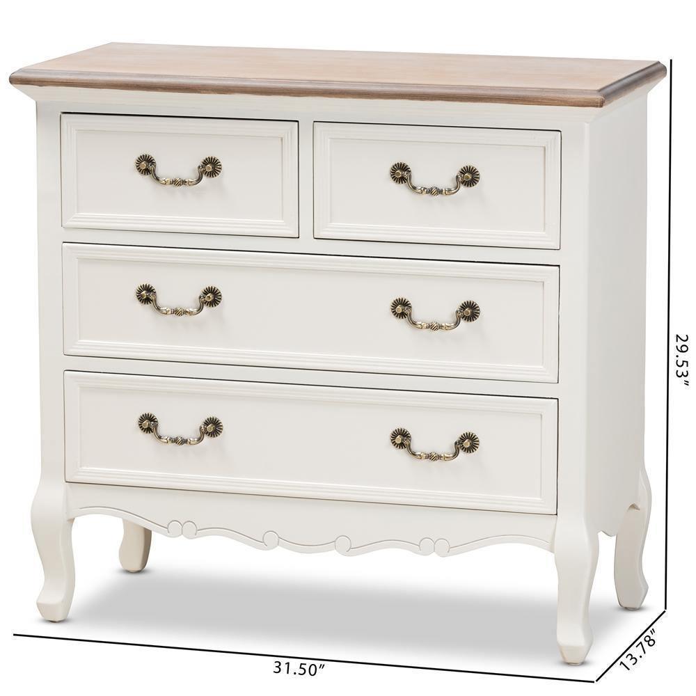 Amalie Antique French Country Cottage Two-Tone White and Oak Finished 4-Drawer Accent Storage Cabinet FredCo