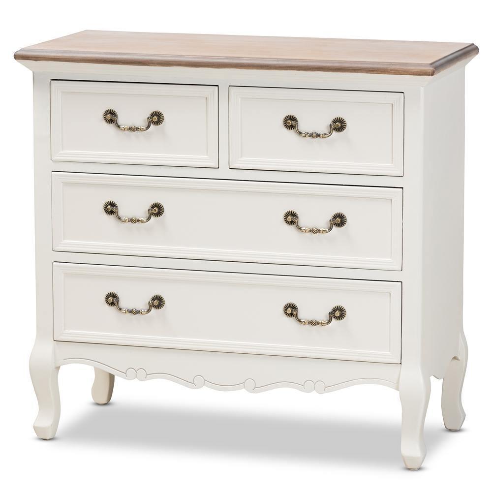 Amalie Antique French Country Cottage Two-Tone White and Oak Finished 4-Drawer Accent Storage Cabinet FredCo