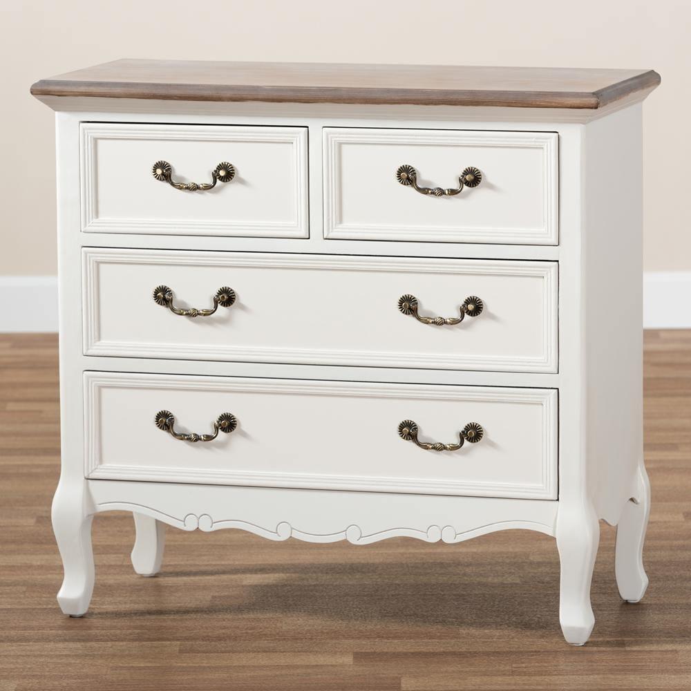 Amalie Antique French Country Cottage Two-Tone White and Oak Finished 4-Drawer Accent Storage Cabinet FredCo
