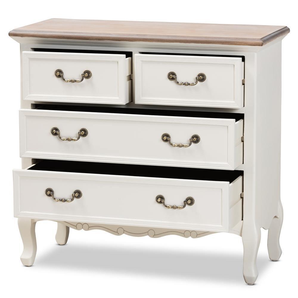 Amalie Antique French Country Cottage Two-Tone White and Oak Finished 4-Drawer Accent Storage Cabinet FredCo